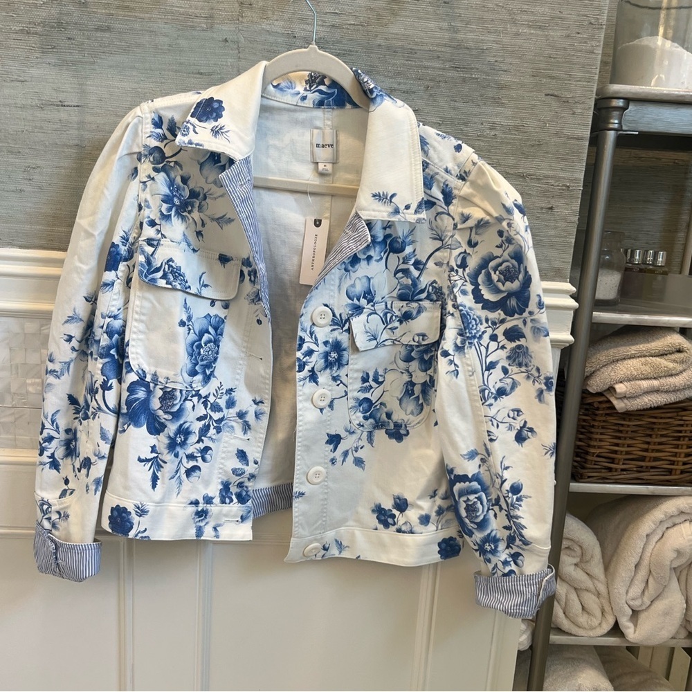 NWT new medium Anthropologie puff sleeve denim jean blue floral utility jacket - Picture 6 of 16